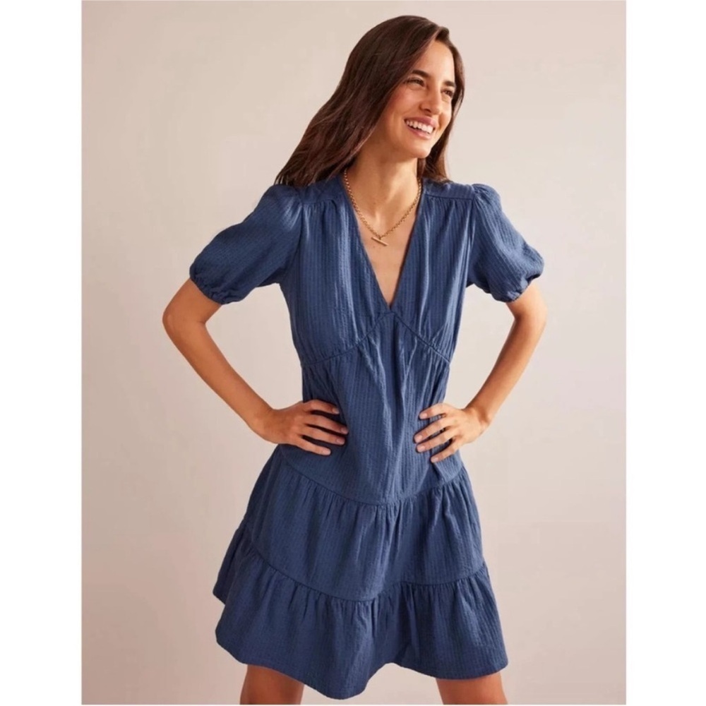 Boden Womens US 6 Blue Jersey Seersucker Tiered Crinkle Cotton Dress V Neck Knit
